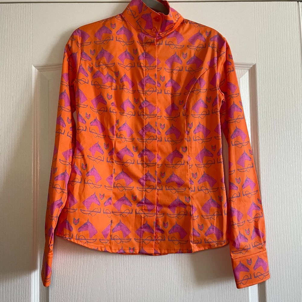 Middy N Me Womens Shirt Equestrian Horses Fox Bold Colorful Print Orange/Pink Si